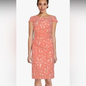 Adrianna Papell coral tropical flower metallic cocktail sheath dress size 8 NWT
